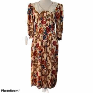Vintage 80's Cottage core mustard teal mauve floral print midi dress 9/10